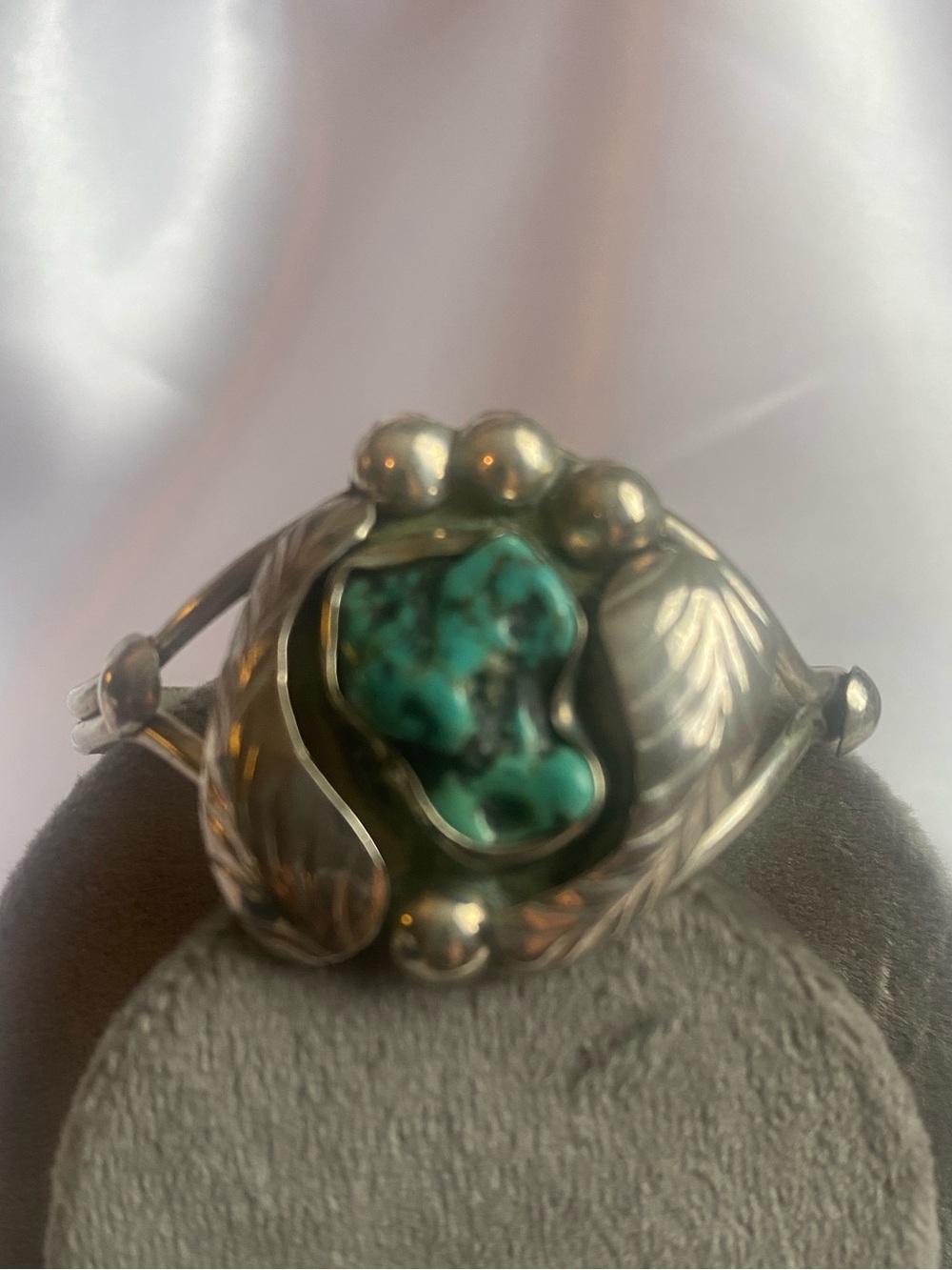 Vintage Alpaca Silver Tone Turquoise Cuff Bracelet - Southwest Leaf Design
